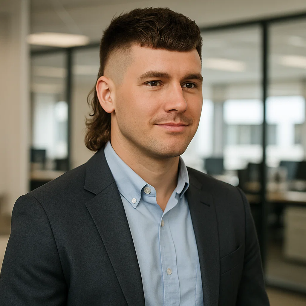 Professional man with modern mullet fade in office outfit