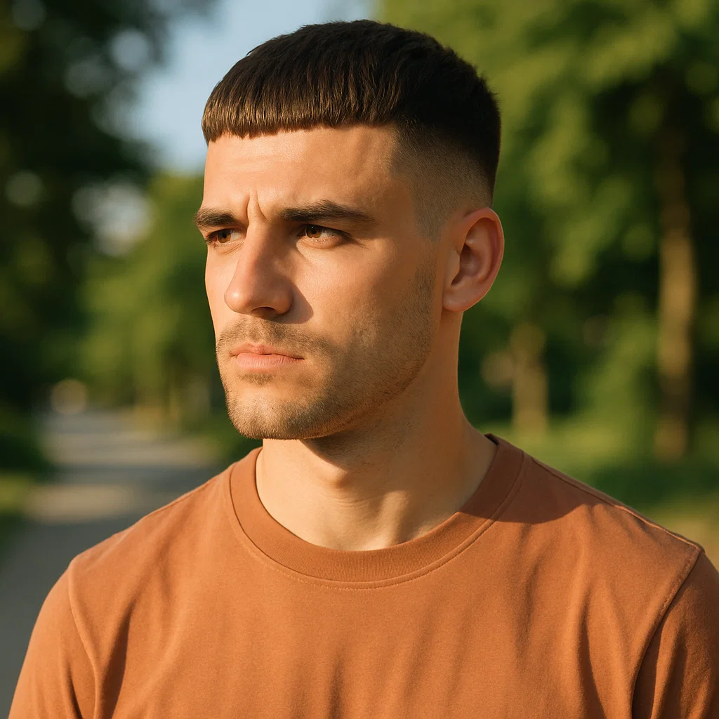 Outdoor shot of a man with a french crop haircut in summer sunlight]