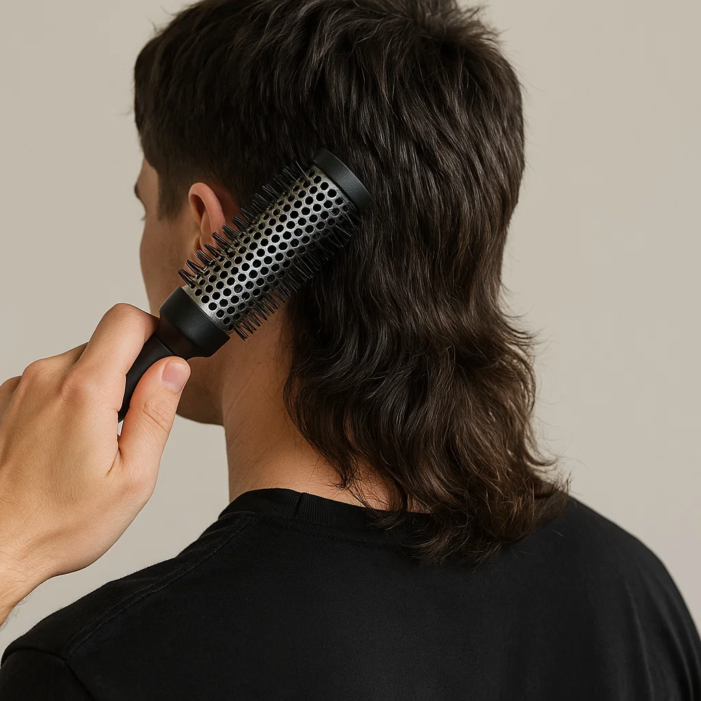 Styling the back of a modern mullet with a blow dryer