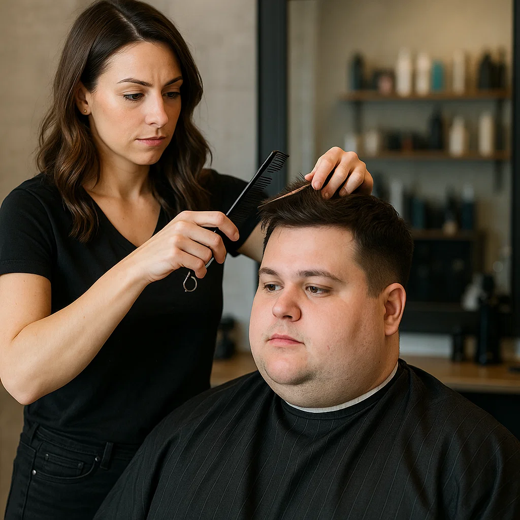 Salon stylist working on a chubby face haircut