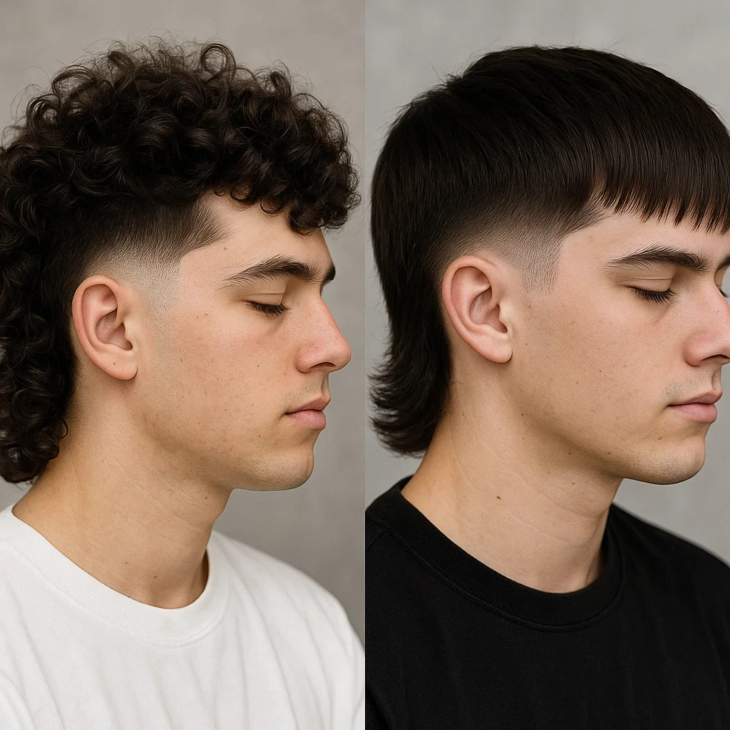 Comparison between curly and straight hair mullet fade styles