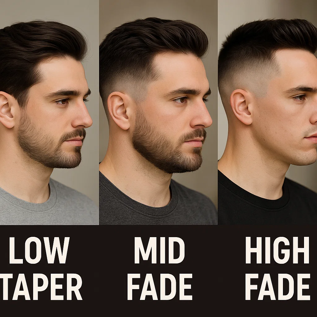 Side-by-side comparison of low taper, mid fade, and high fade hairstyles