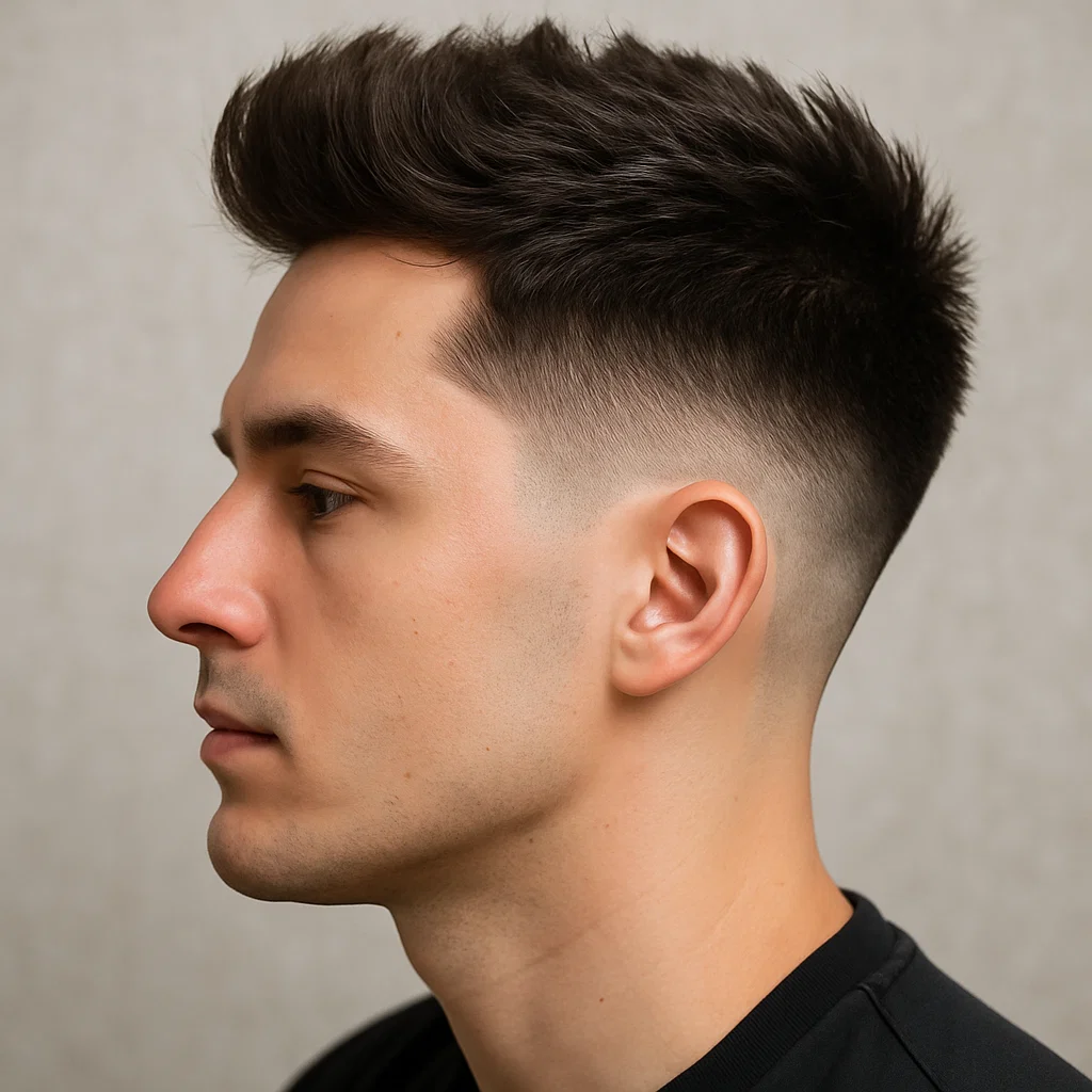  High taper fade blending into a thick, voluminous blowout on top