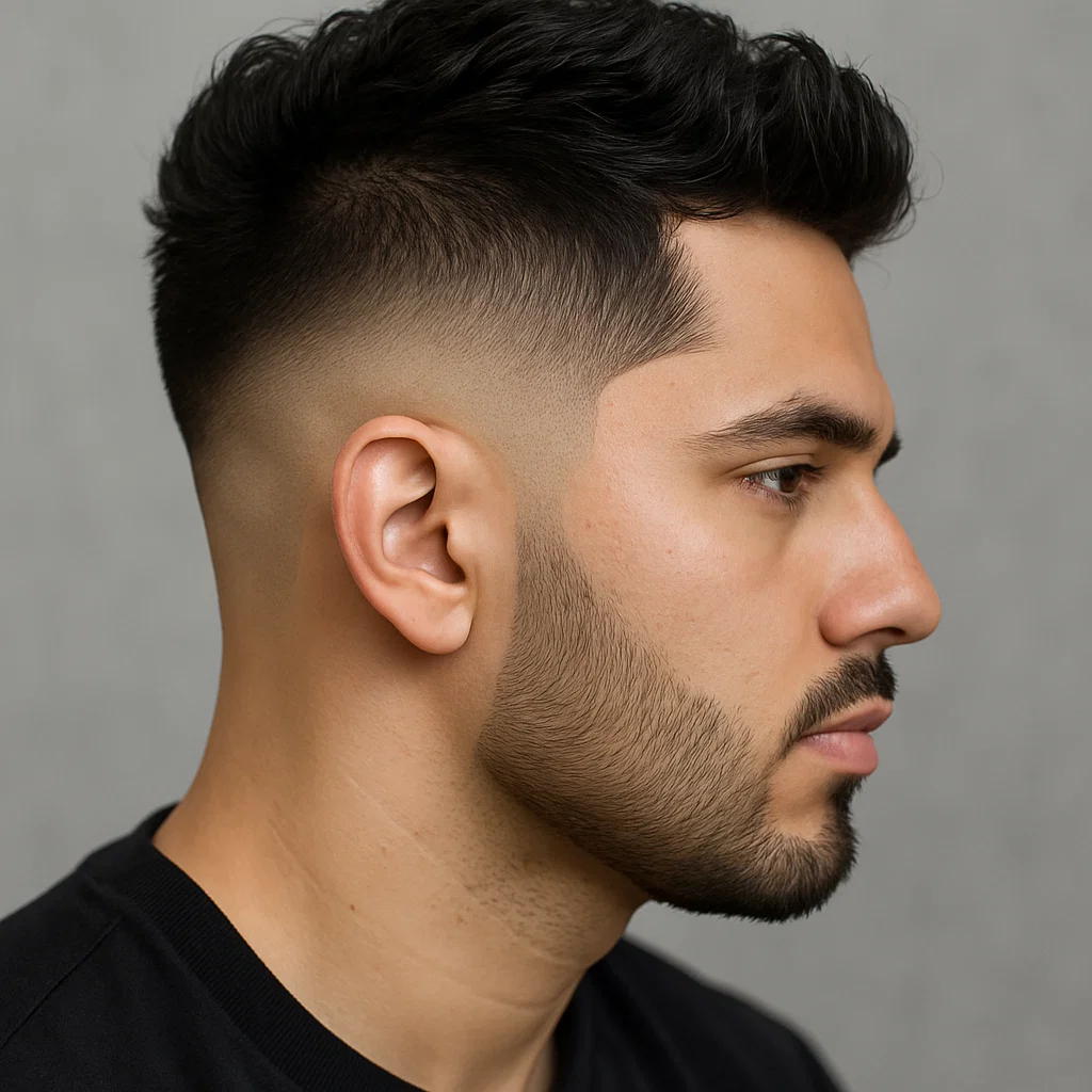  Side profile of a man with a burst fade haircut, showing the taper around the ear — alt text: "Side view of burst fade haircut showing tapered fade around the ear