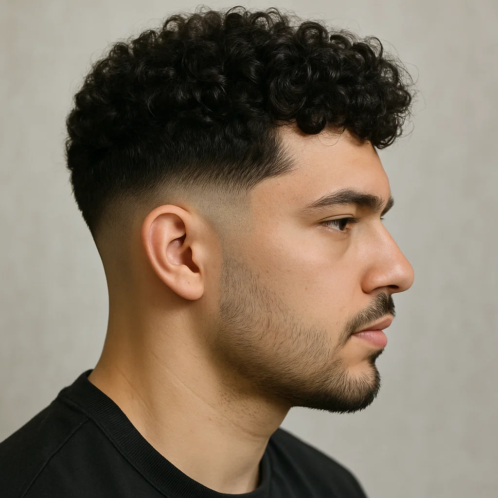 Curly hair with a low taper fade around the ear area