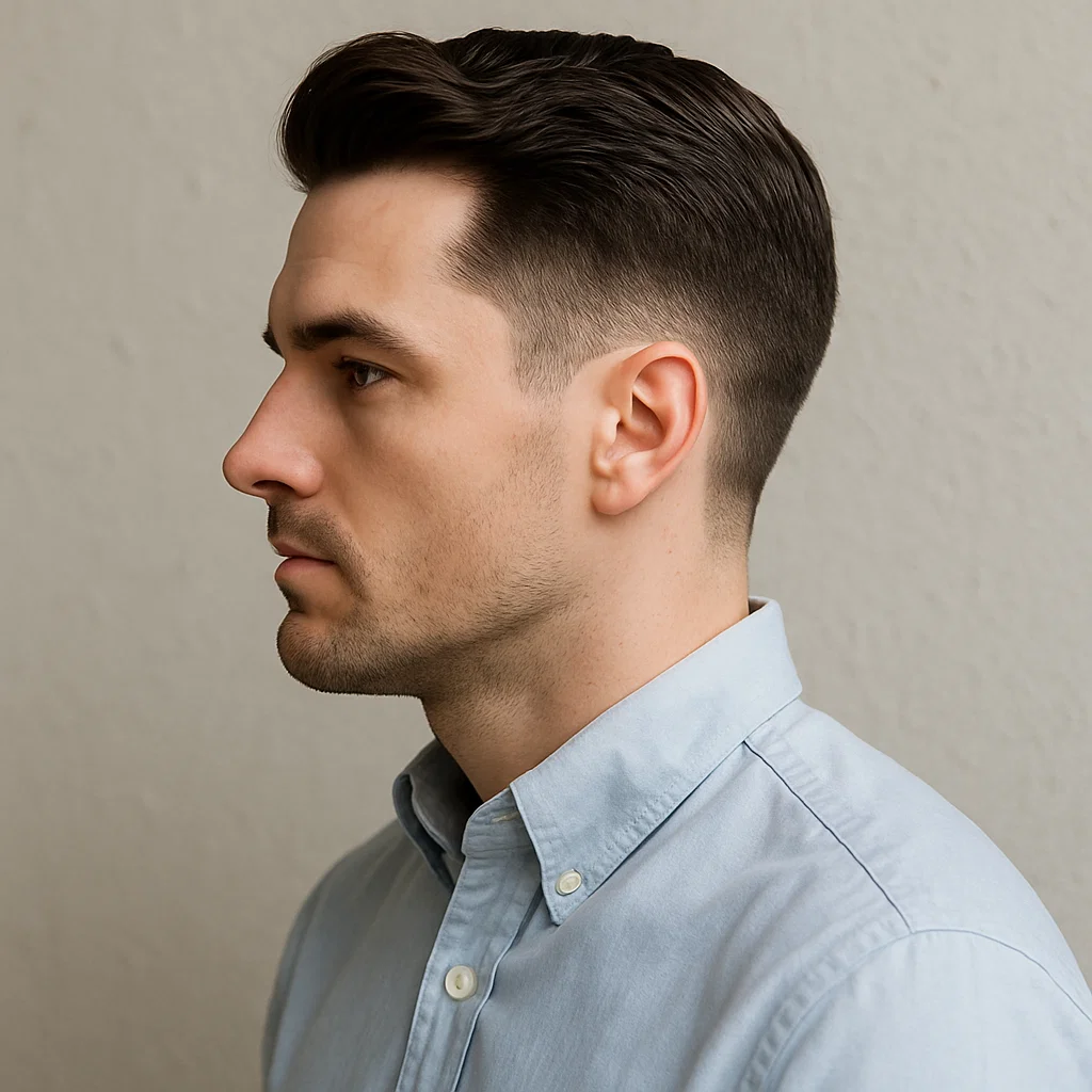 Side view of a man with a classic taper cut wearing a button-down shirt