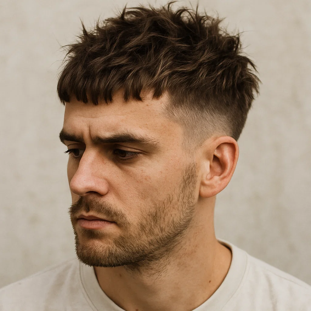 Textured crop haircut with short fringe and messy top