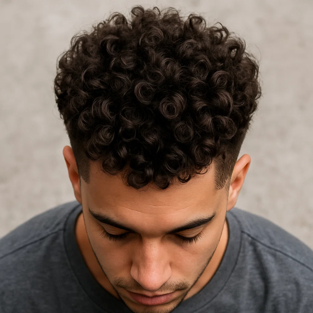 Curly hair styled in a voluminous blowout taper haircu