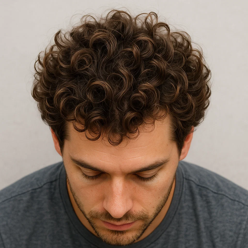 Top view showing voluminous, naturally styled blown-out curls.