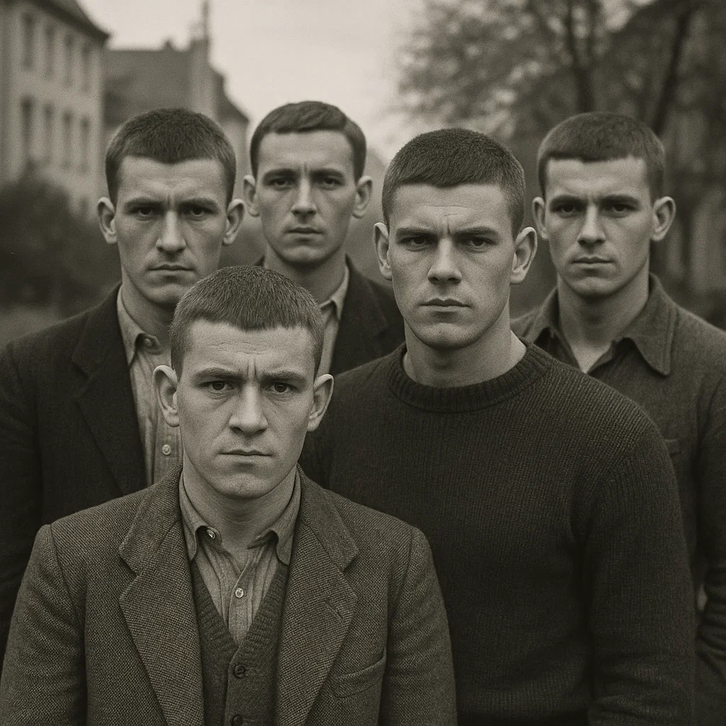 Black and white vintage photo showing men with classic crop hairstyles