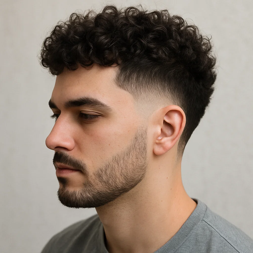Young man with curly hair sporting a burst fade and light beard — alt text: "Man with curly hair and burst fade hairstyle with trimmed beard