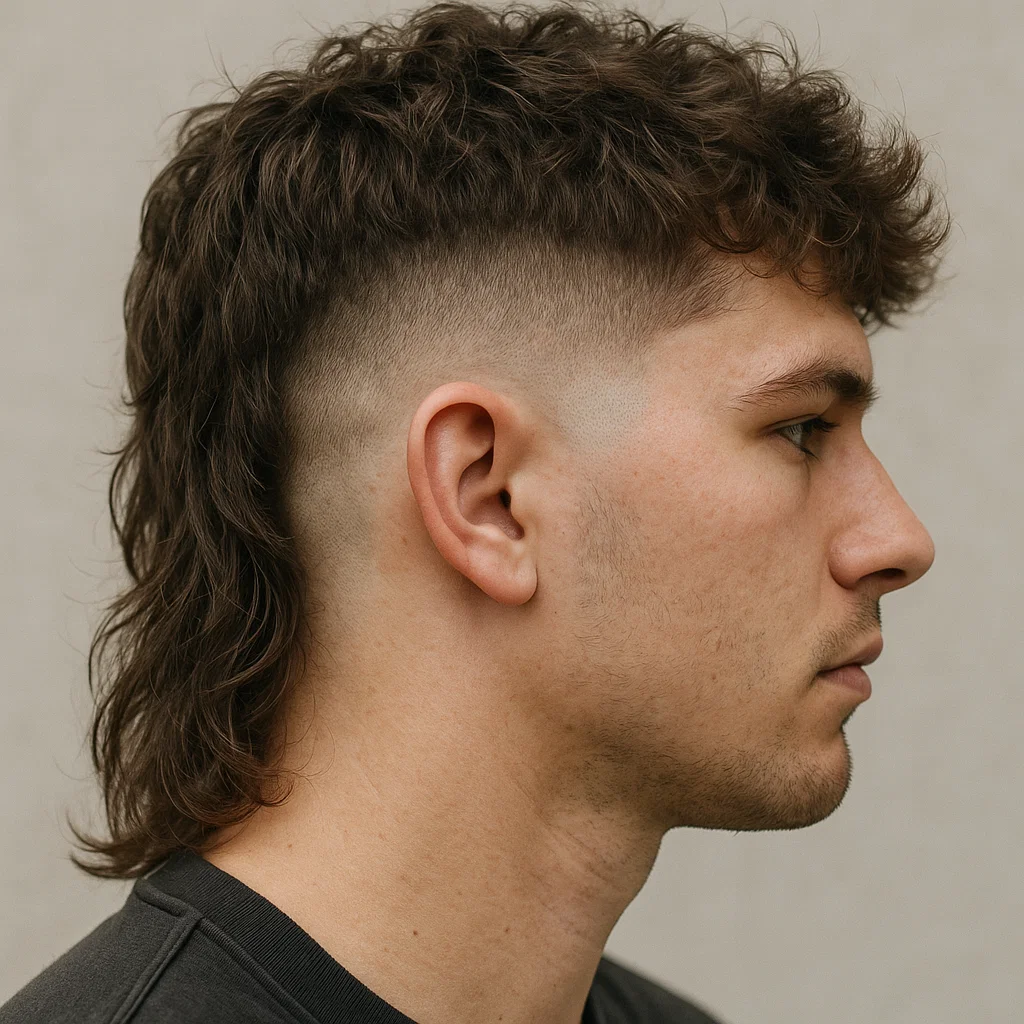 Side view of a mullet fade haircut with textured top