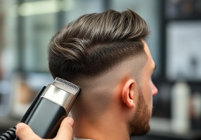 Barber using hair clippers to blend hair for a taper fade haircut.
