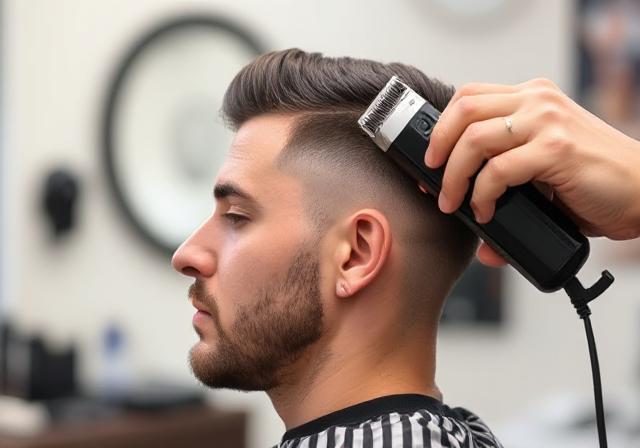 Barber using clippers to blend a low taper fade.