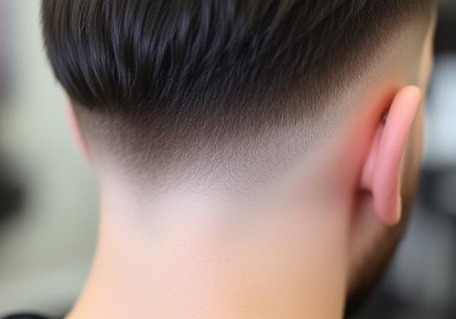 Close-up of a tapered fade haircut showing blending near the neckline.