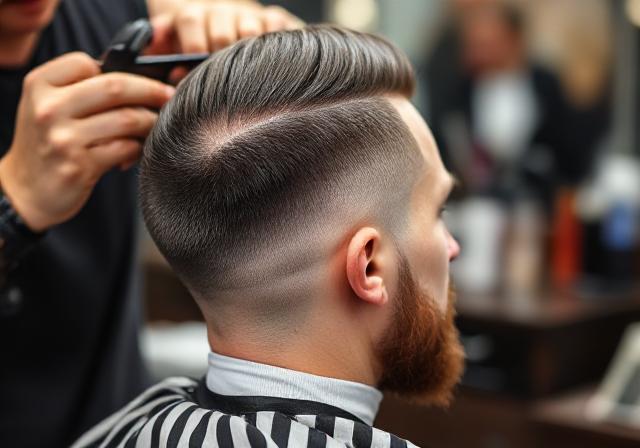 Barber blending a low taper fade around the neckline.