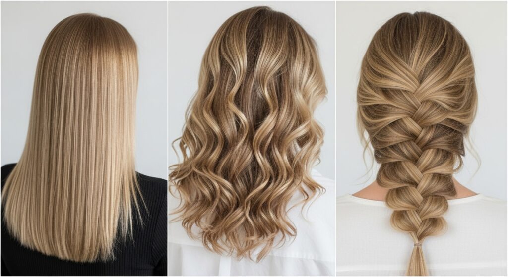  Honey blonde hair across straight, wavy, curly, and coily styles.