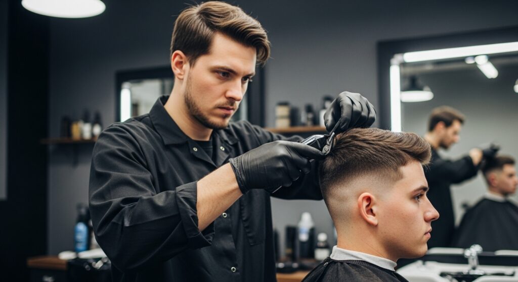 The mid fade is shaped by the barber in the barbershop.