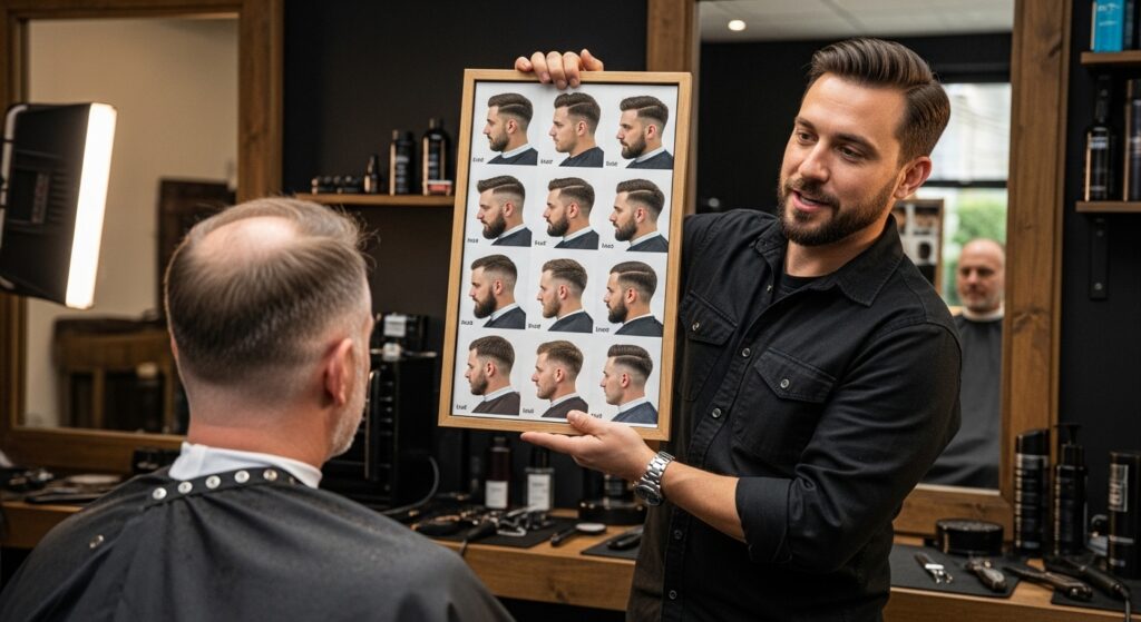 Barber consulting with man who has thinning hair and diamond face shape.
