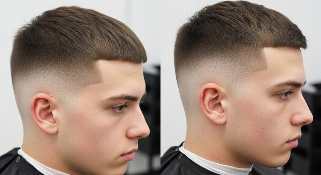 A taper fade and skin fade cut seen together on buzz cuts.
