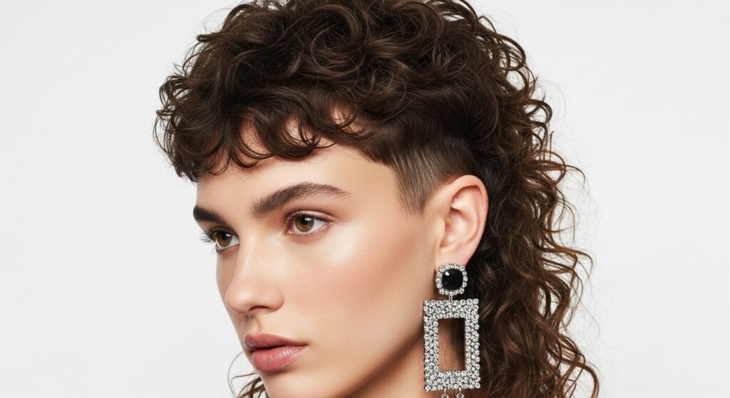 : Image showing a curly hair mullet styled with bangs and bold earrings