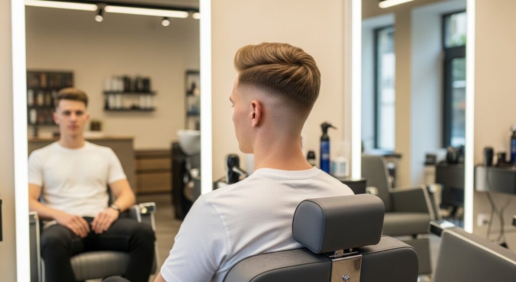 A hip man in a stylish hair salon setting wearing a 2025 fade haircut.