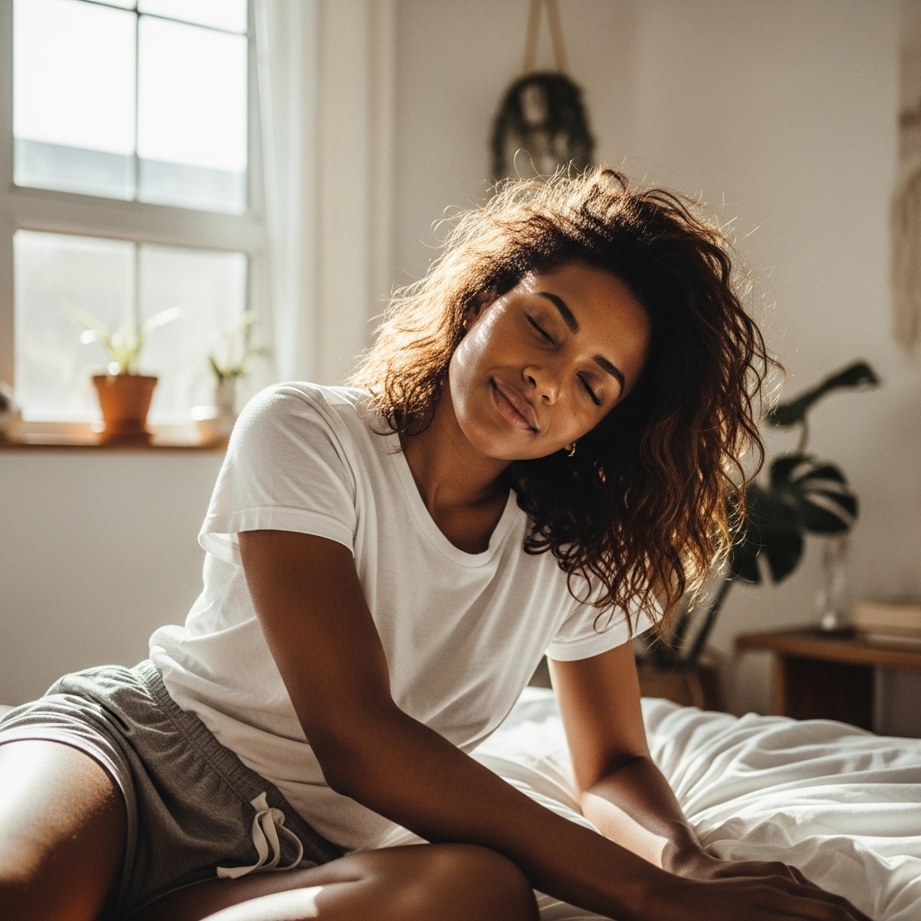 Woman with messy medium-length haircut lounging casually in morning light