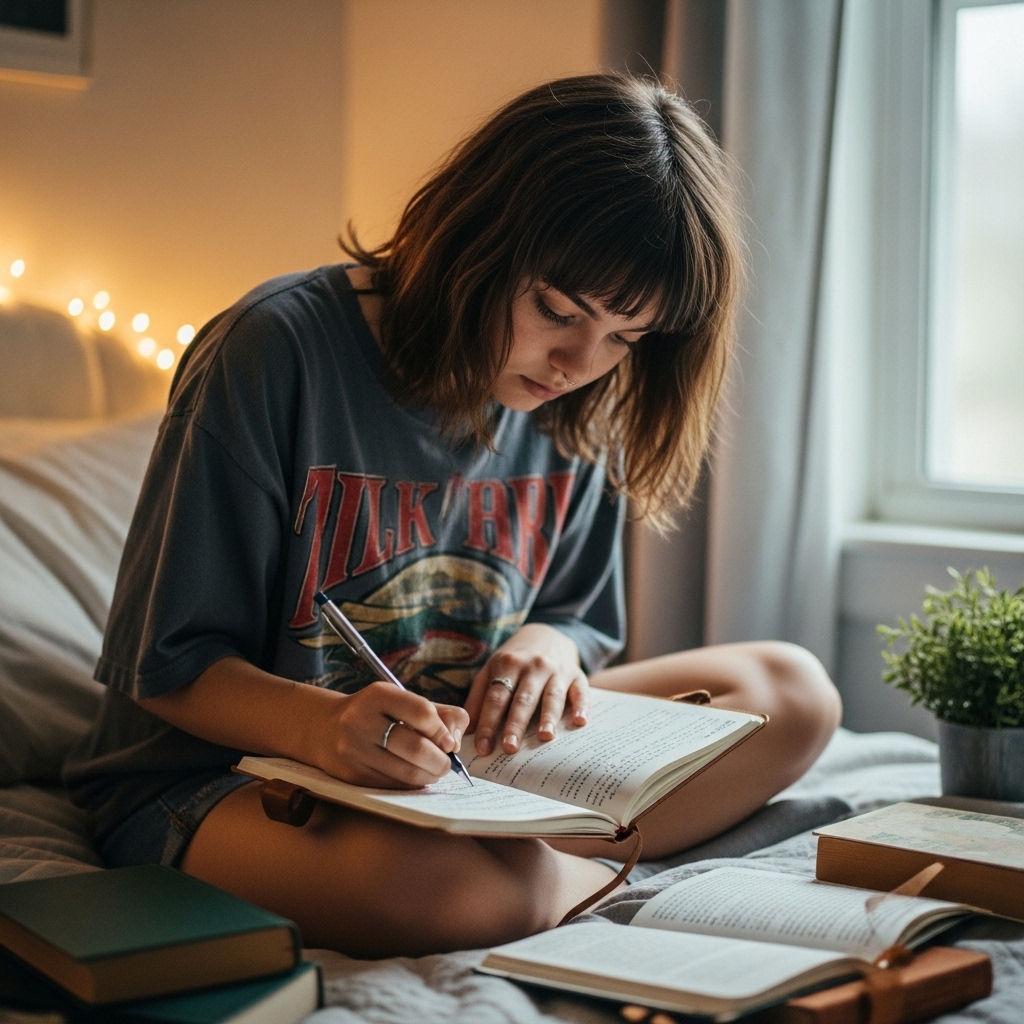 Teen girl with medium shag haircut writing in notebook