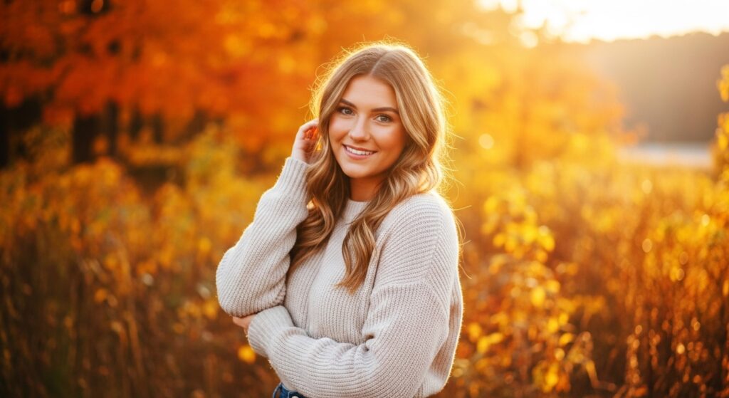 Lady in fall background with honey blonde hair.