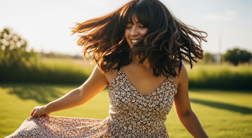  A long soft hair of slightly below shoulder length twirled while in motion.