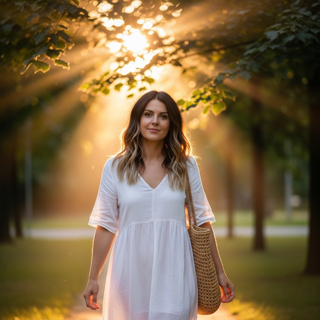Woman with medium haircut and sun-kissed balayage highlights