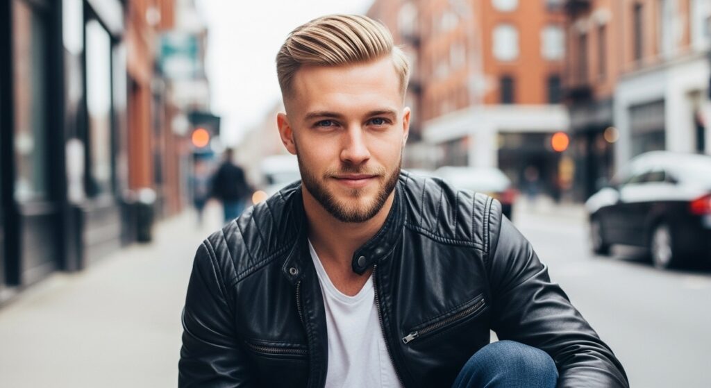 A blonde straight hair with low taper fade cut.