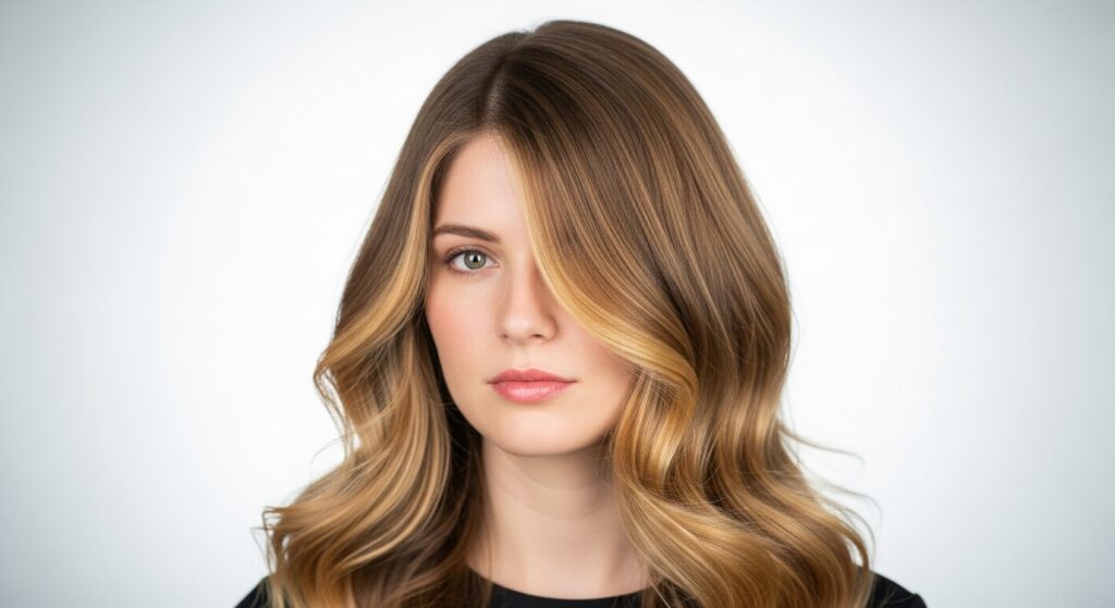 Wavy hair with honey blonde highlights and lowlights.