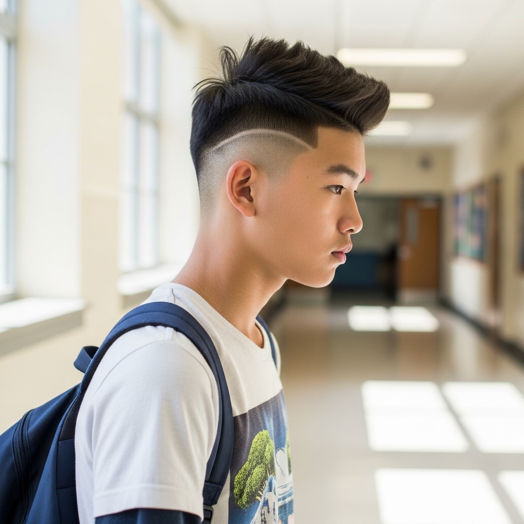 Asian teen in high school hallway with broccoli haircut zoomer perm and sharp side fade