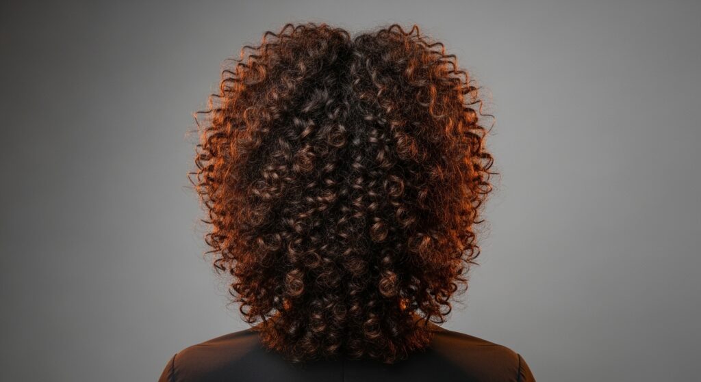 A picture showing the back view of a voluminous curly mullet on natural hair


