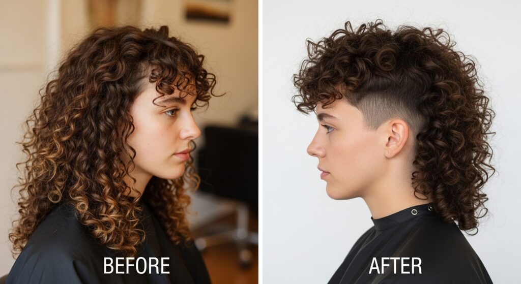  A depiction of before and after images of a curly hair mullet transformation