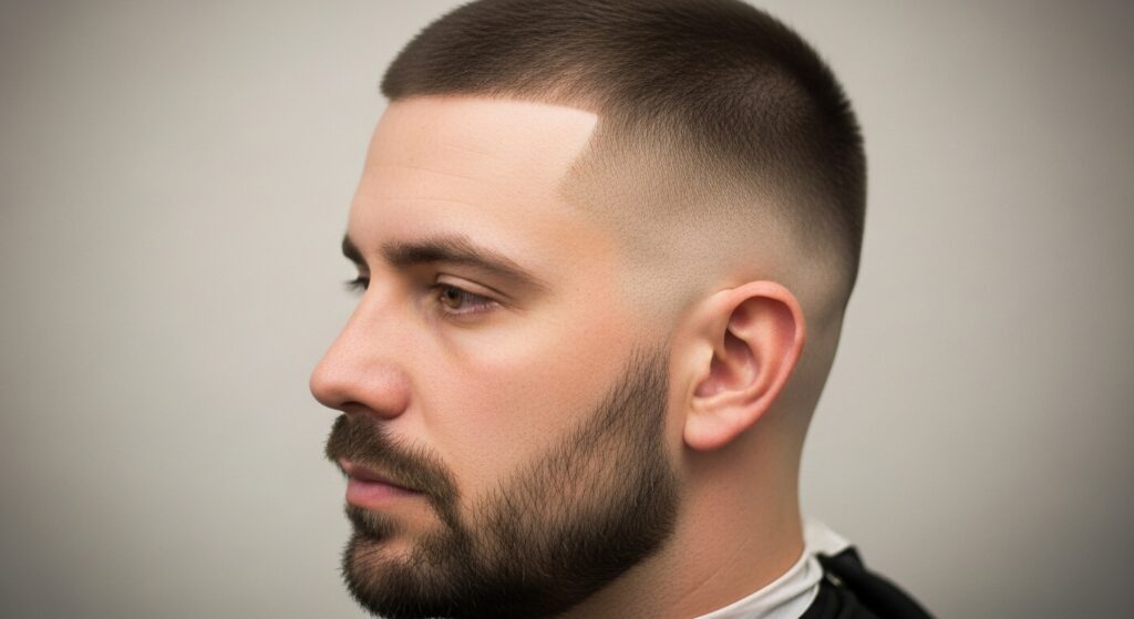 Man with beard styled in the buzzcut, outdoors in natural light.
