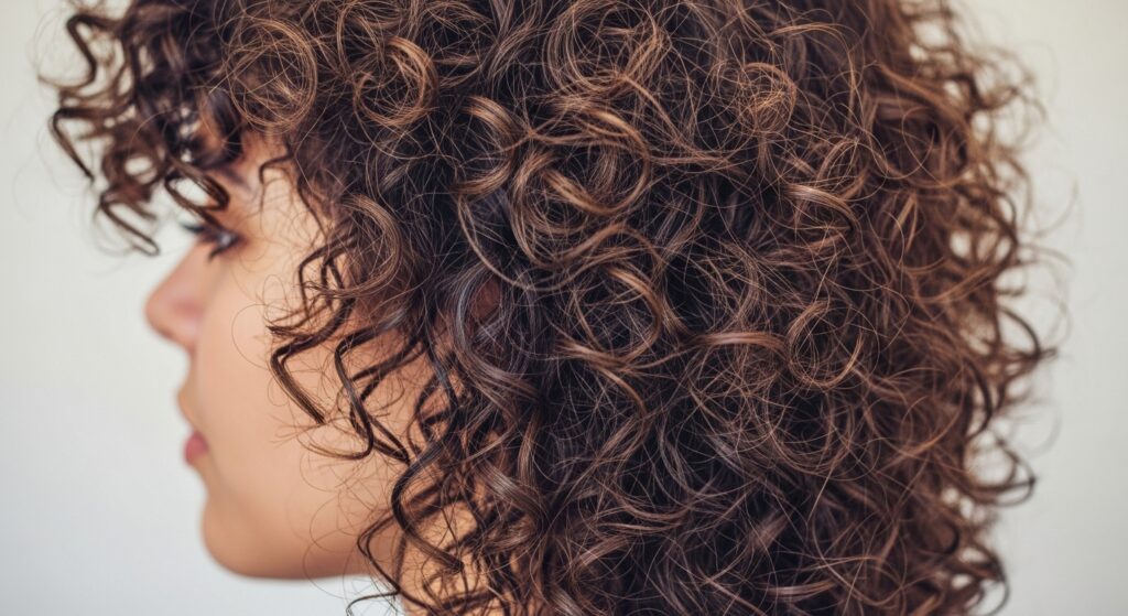 An image showing a close-up of curly hair texture with mullet layers