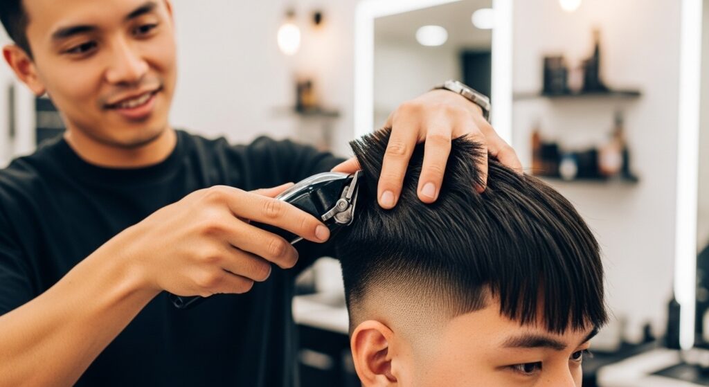 A barber is making a low taper fade on a man with straight hair