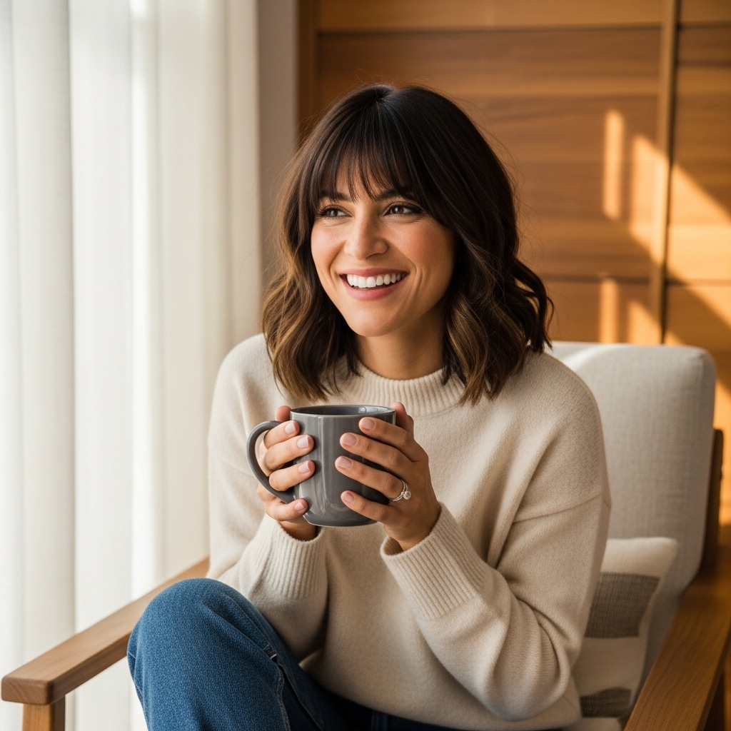 Confident woman with medium layered haircut and bangs sipping coffee