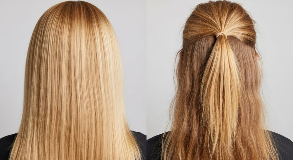 Comparison of damaged and healthy honey blonde hair.