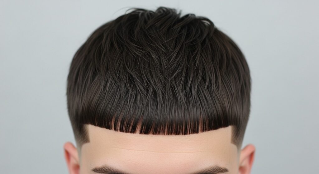  Low taper haircut with textured bangs on straight hair.