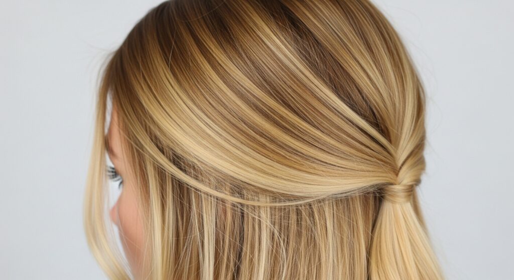  Natural root regrowth on faded honey blonde hair.