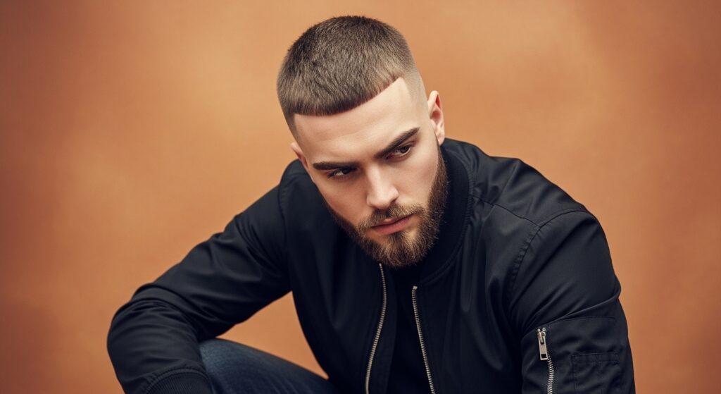 Buzz cut fade seamlessly blended into facial hair.