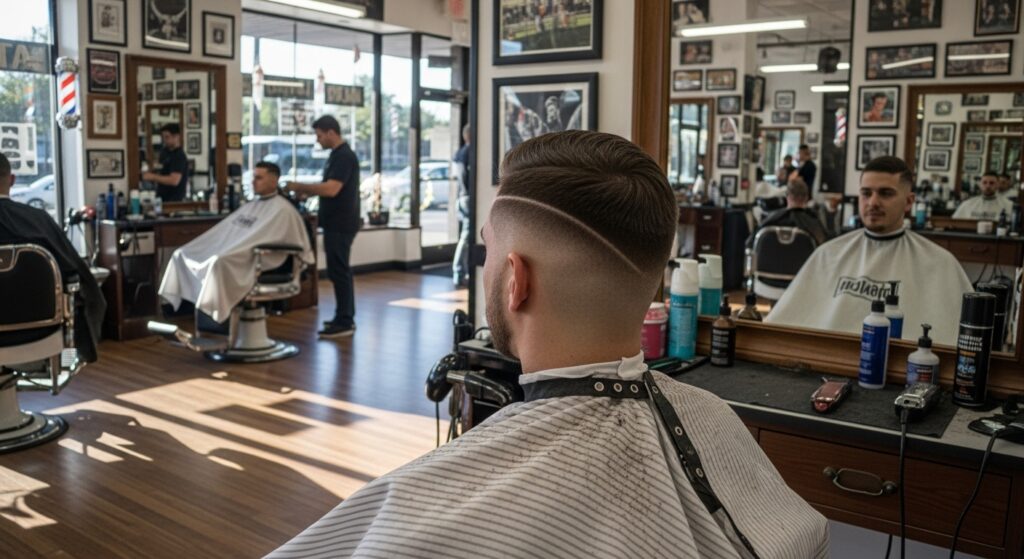 Man checking out new buzz cut fade style at barbershop.