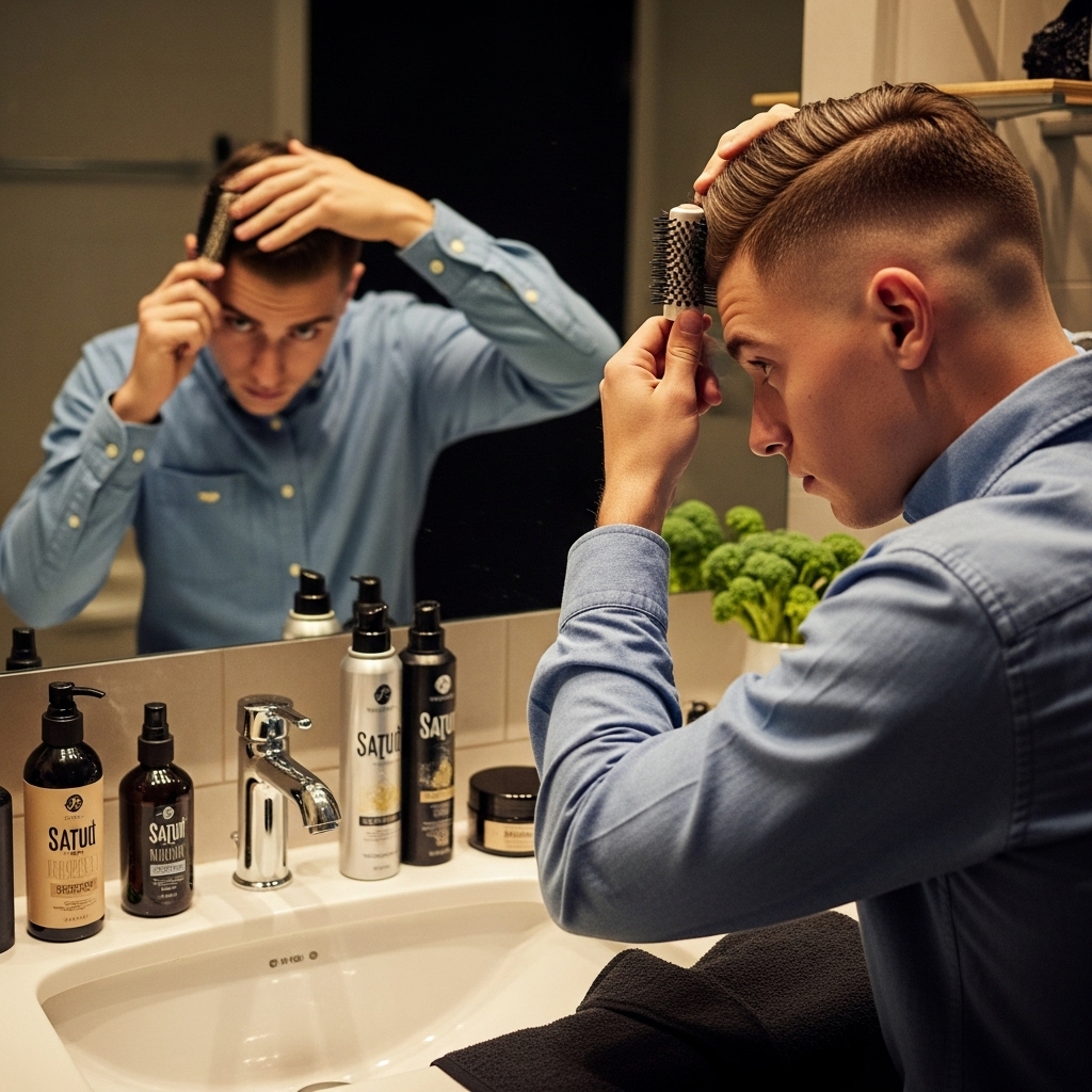 men’s broccoli haircut routine setup with grooming tools