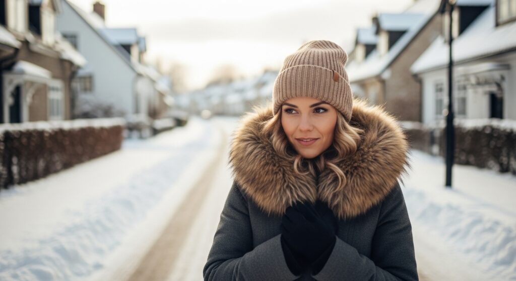  A woman in a fur jacket on a winter street with honey blonde hair.