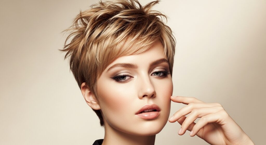 Women with short honey blonde pixie hairstyle.