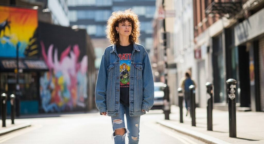  Image showing casual street-style photo of a woman with a curly mullet