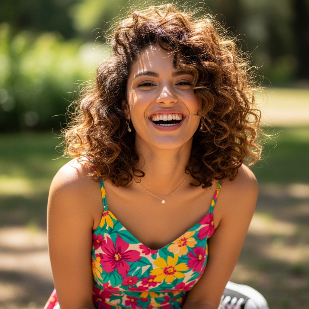 Woman with bouncy medium-length curly hair smiling brightly